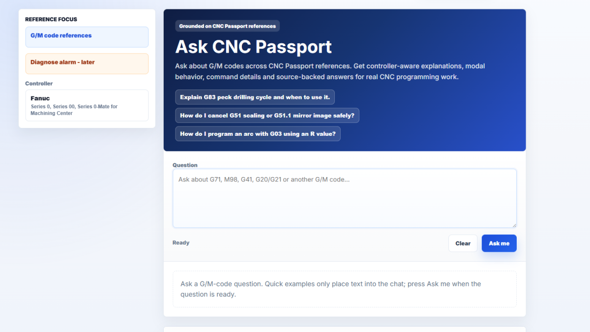 Spørg CNC Passport: AI-svar på G/M-koder med henvisning til reelle CNC-kilder